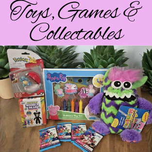 Pink box with black writing Toys, Games & Collectables. Image of worry monster, peppa pig gift set, Topps football cards, Pokemon clip n go toy and marble bear keyring
