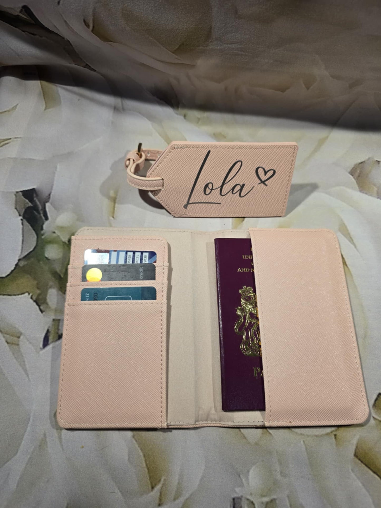 Personalised passport holder and luggage tag.