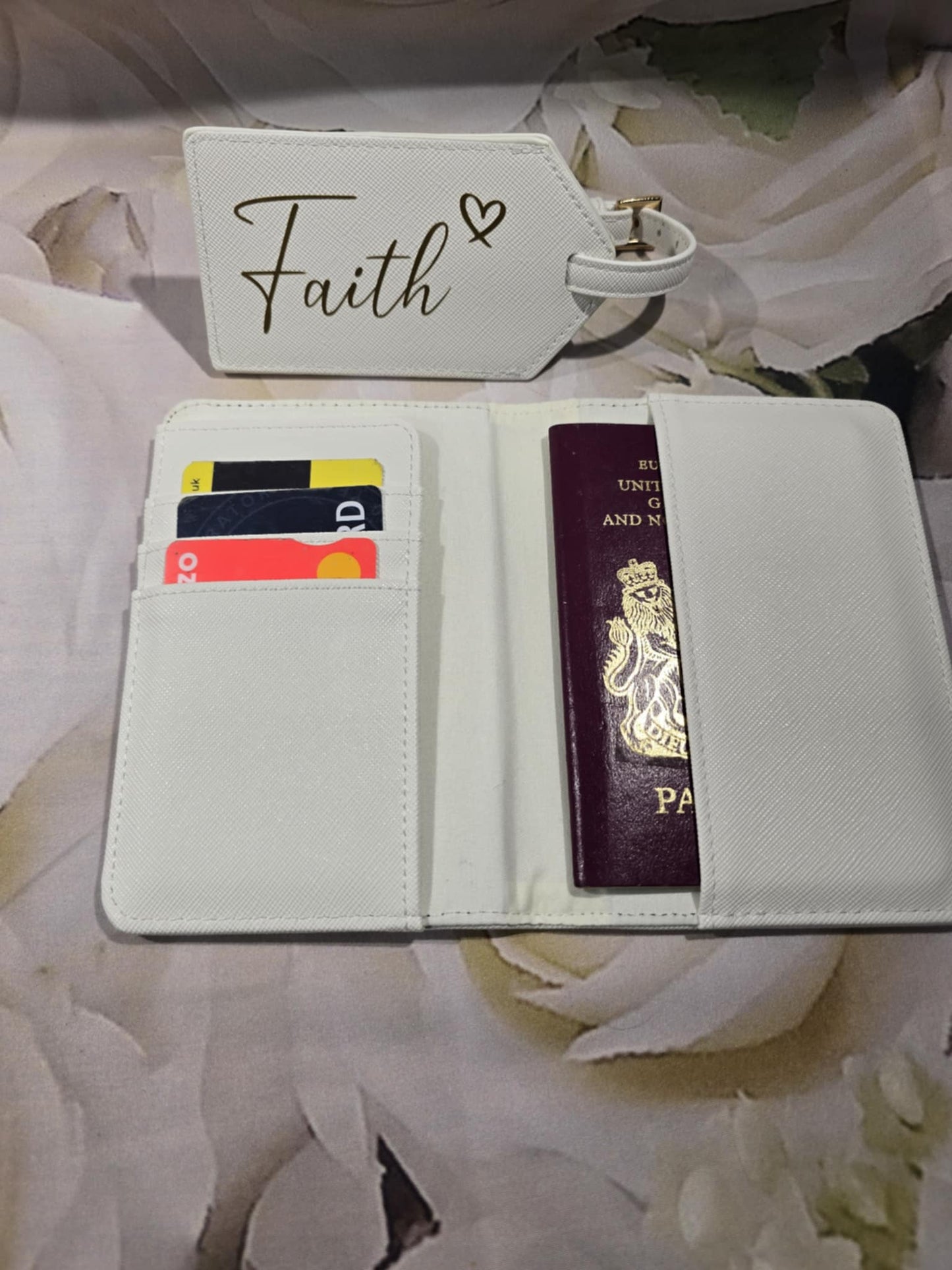 Personalised passport holder and luggage tag.