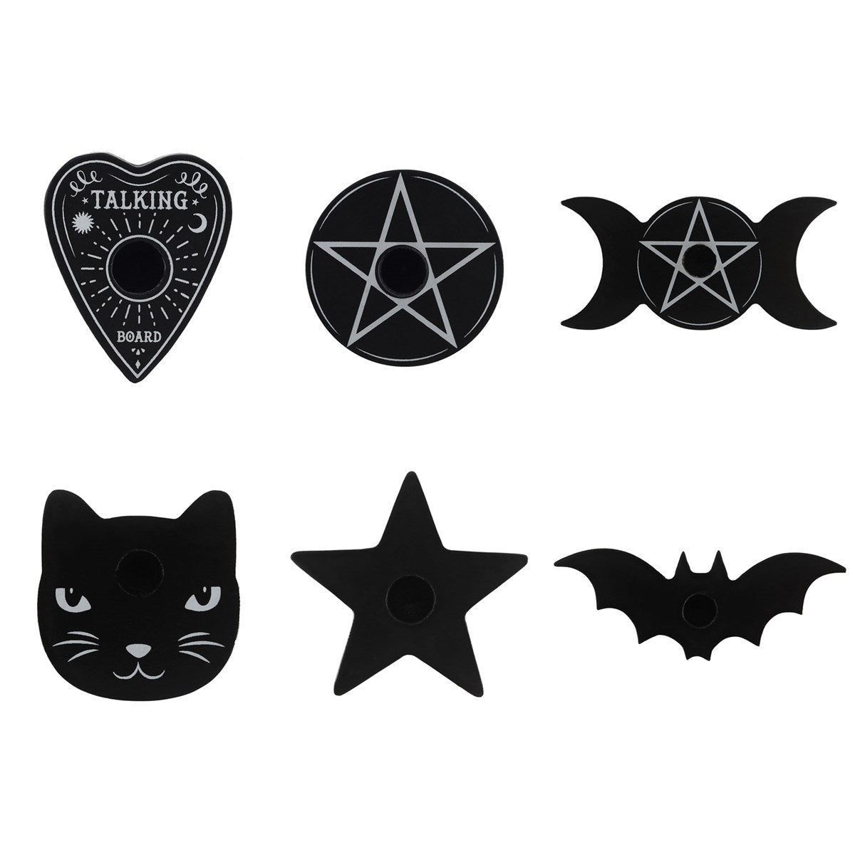 Set of black silhouette tattoos including a heart, pentagram, moon phases, cat, star, and bat on a white background.