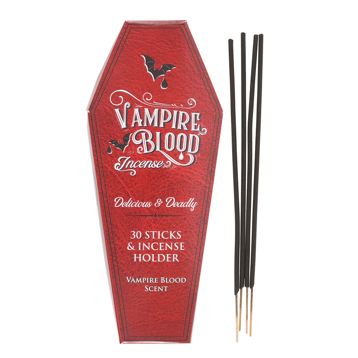 Vampire Blood incense set with red coffin-shaped packaging on a white background