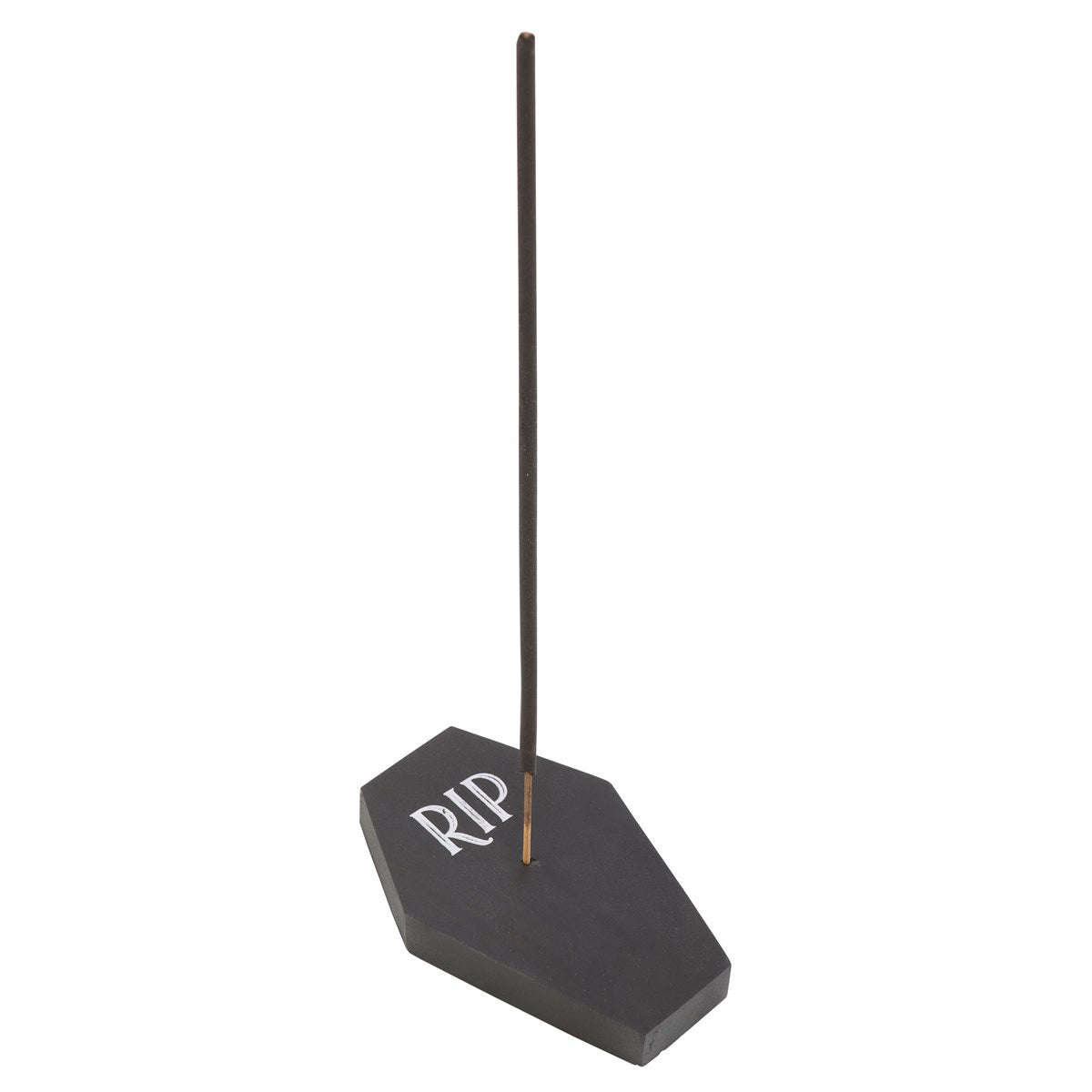 Incense burner shaped like a coffin with 'RIP' on a white background