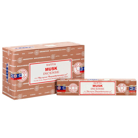Box of Satya musk Incense with branding on a white background
