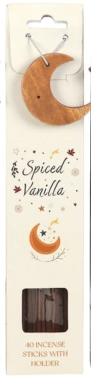 Spiced Vanilla incense stick packaging with wooden moon-shaped holder.