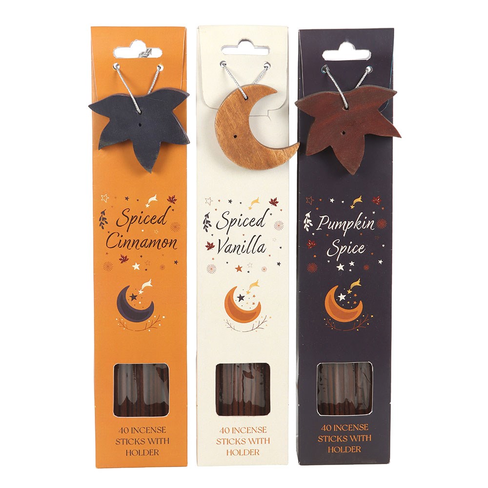 Three packages of incense sticks with holder labeled 'Spiced Cinnamon', 'Spiced Vanilla', and 'Pumpkin Spice' on a white background.